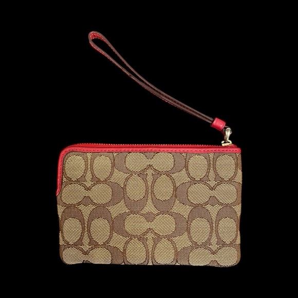 Coach F58033 Signature Canvas L-Zip Wristlet – Khaki/Brown with Red Leather Trim - Picture 2 of 9